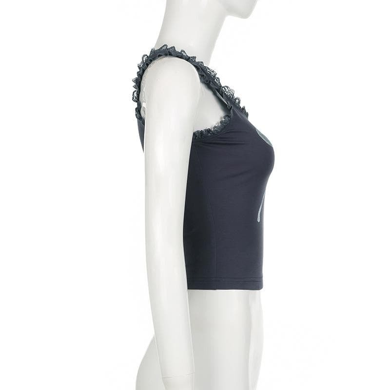 Y2K Aesthetic U-Neck Lace Hem Bowknot Contrast Tank Top - Cute Coquette Style