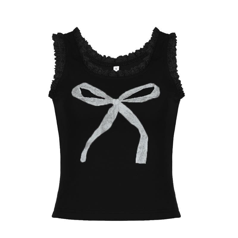 Y2K Aesthetic U-Neck Lace Hem Bowknot Contrast Tank Top - Cute Coquette Style