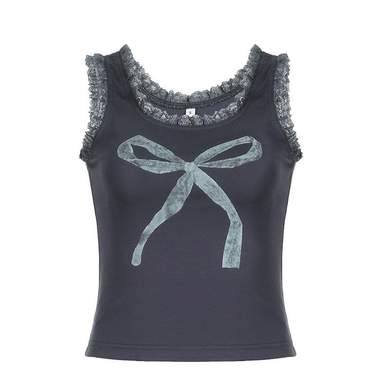 Y2K Aesthetic U-Neck Lace Hem Bowknot Contrast Tank Top - Cute Coquette Style