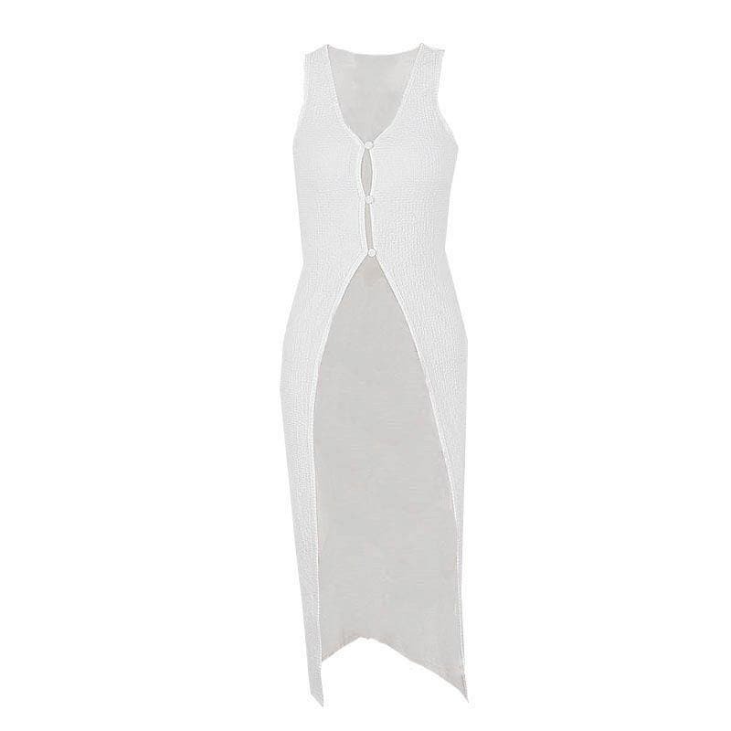 Y2K Aesthetic U-Neck Slit Button Sleeveless Long Top - Cute Grunge & Coquette Style