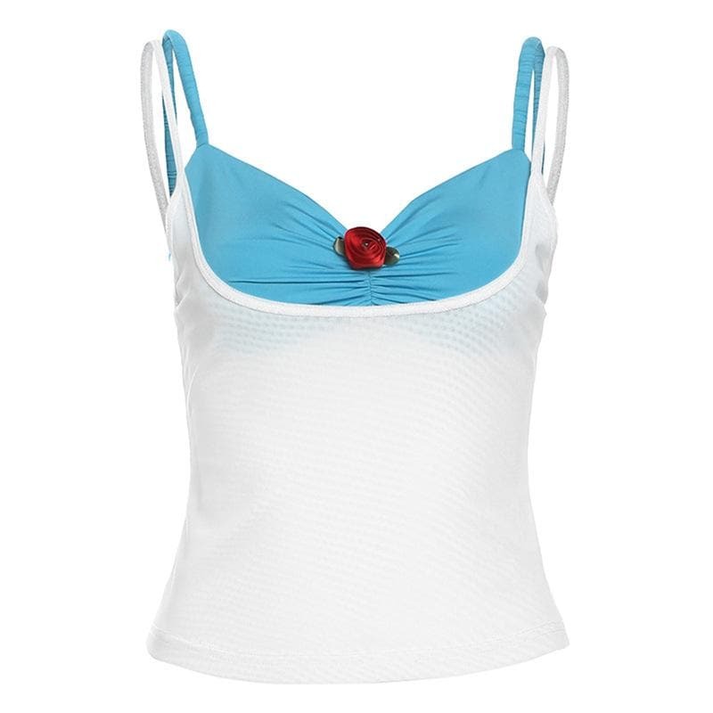 Y2K Aesthetic V-Neck Rose Applique Contrast Cami Top - Cute Coquette Style Outfit