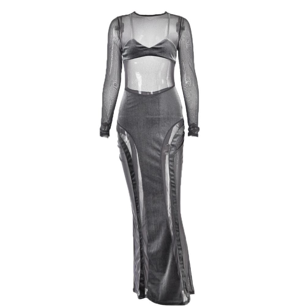 Y2K Aesthetic Velvet Maxi Dress with Mesh Patchwork - Grunge & Coquette Style
