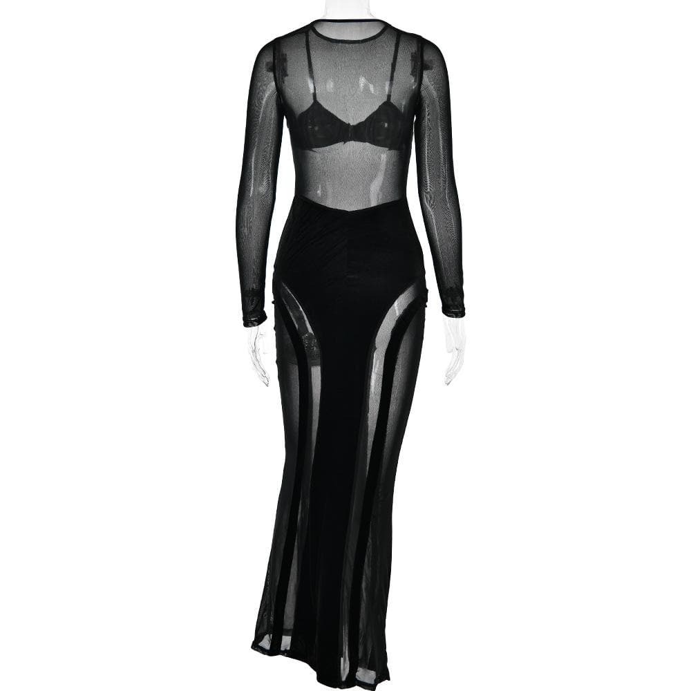 Y2K Aesthetic Velvet Maxi Dress with Mesh Patchwork - Grunge & Coquette Style