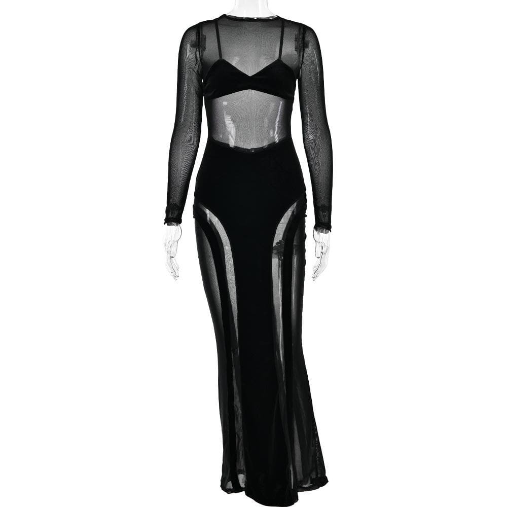 Y2K Aesthetic Velvet Maxi Dress with Mesh Patchwork - Grunge & Coquette Style