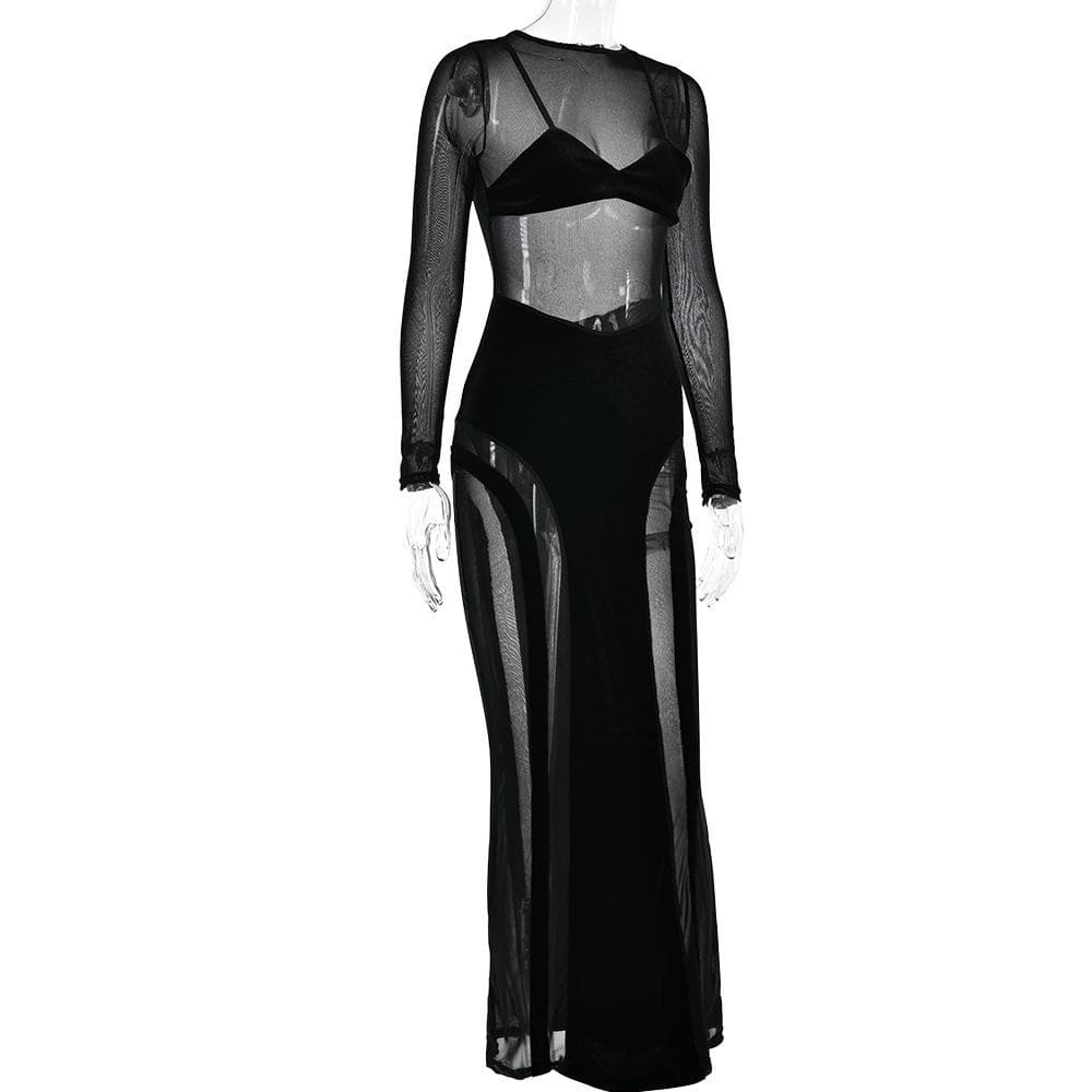 Y2K Aesthetic Velvet Maxi Dress with Mesh Patchwork - Grunge & Coquette Style