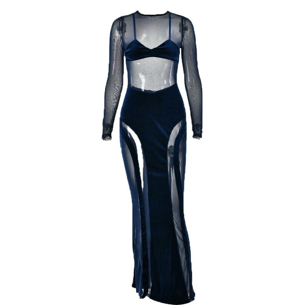 Y2K Aesthetic Velvet Maxi Dress with Mesh Patchwork - Grunge & Coquette Style
