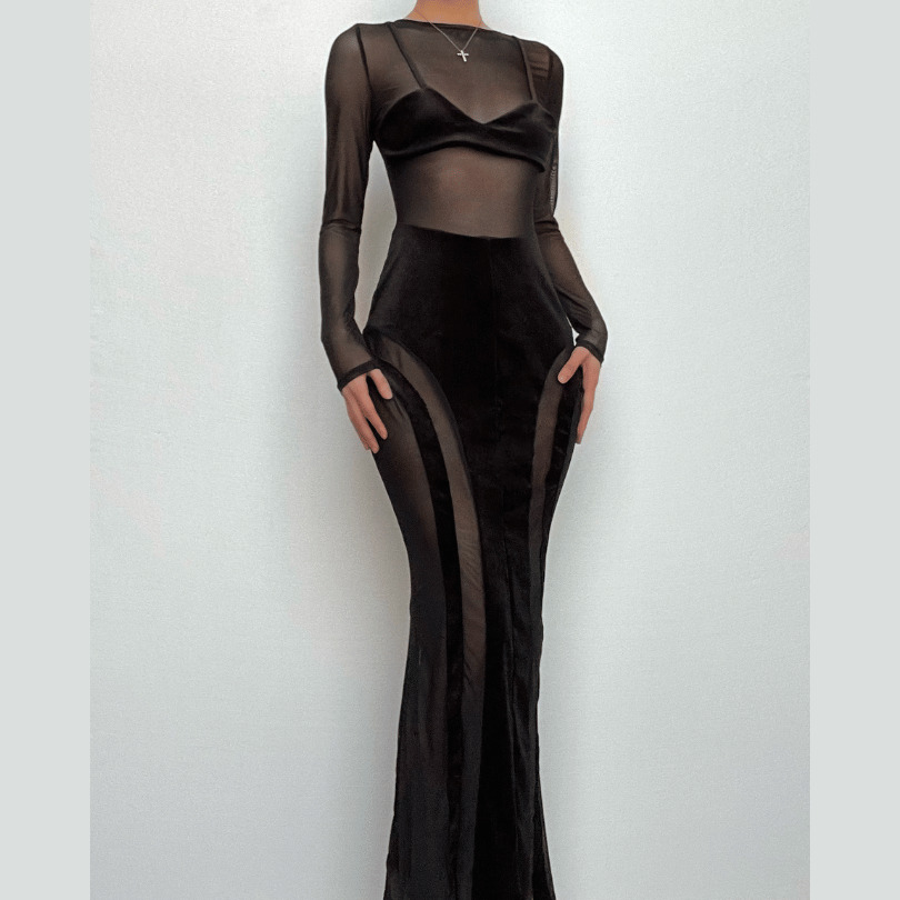 Y2K Aesthetic Velvet Maxi Dress with Mesh Patchwork - Grunge & Coquette Style