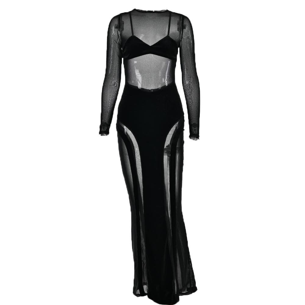 Y2K Aesthetic Velvet Maxi Dress with Mesh Patchwork - Grunge & Coquette Style