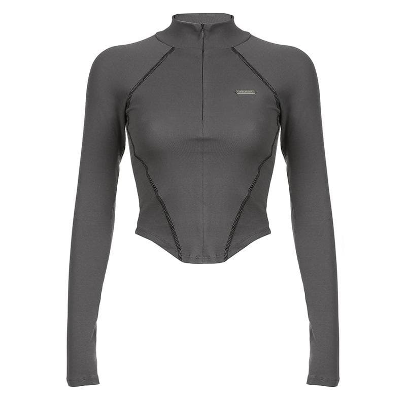 Y2K Aesthetic Zip-Up Long Sleeve High Neck Top - Cute & Comfy for Grunge & Coquette Styles