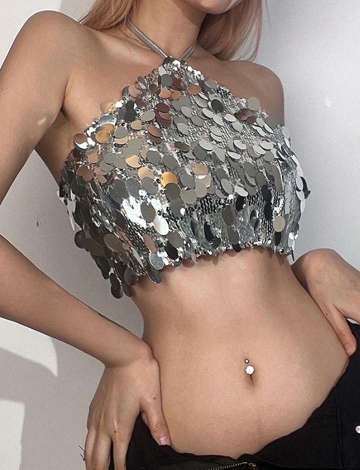 Y2K Backless Halter Neck Sequined Top - Cute Coquette & Grunge Aesthetic Fashion