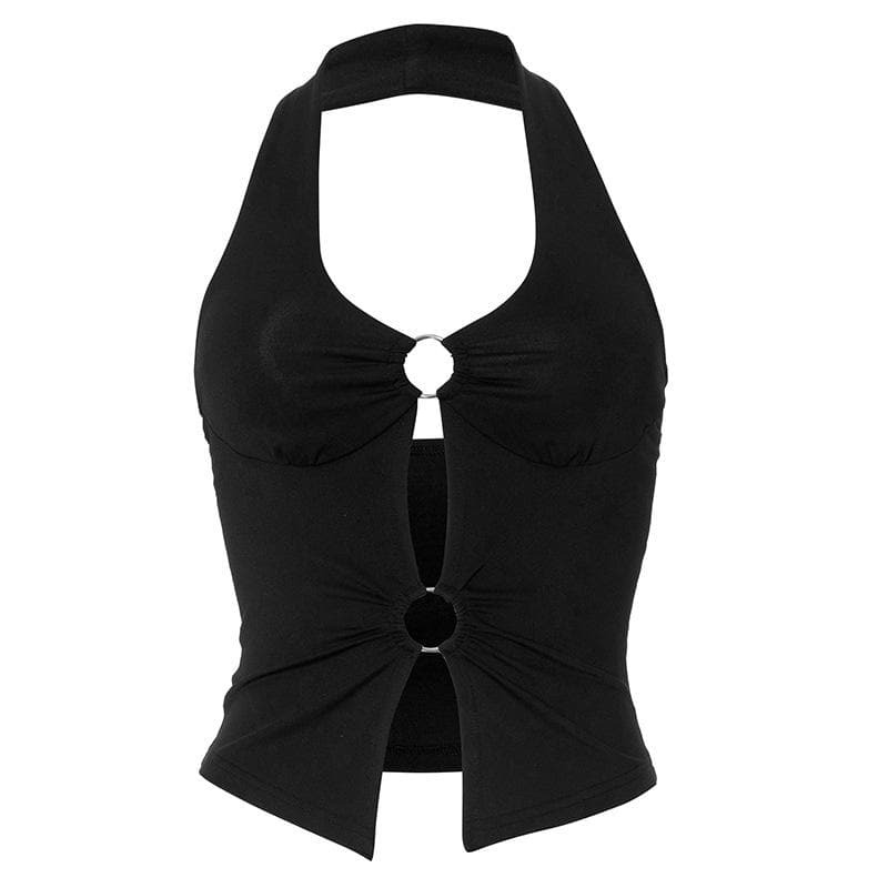 Y2K Backless Halter Top with O-Ring Detail - Cute Grunge & Coquette Aesthetic Style