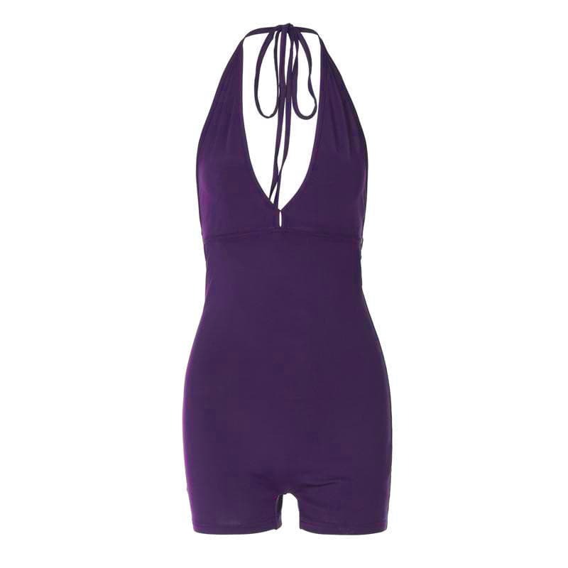 Y2K Backless Ruched Romper - Cute Halter Top for Coquette & Grunge Aesthetic Styles