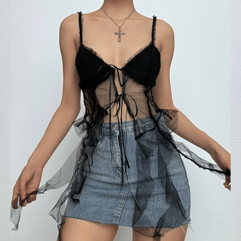 Y2K Backless Ruffle Cami Top - Cute Pastel Goth & Coquette Aesthetic Fashion