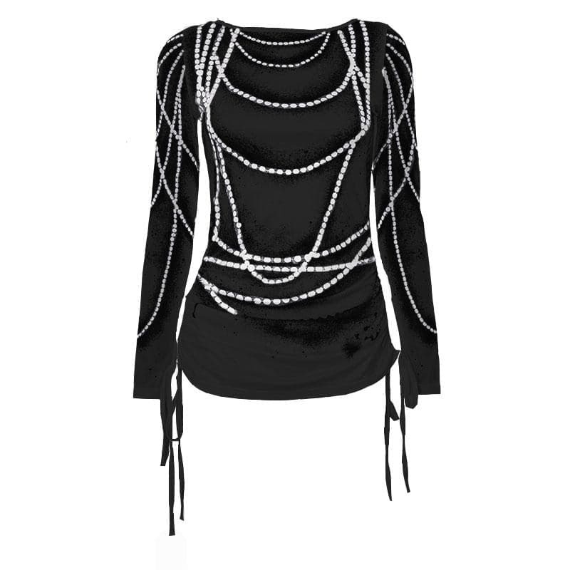 Y2K Beaded Print Backless Top - Cute Contrast Long Sleeve for Coquette & Grunge Aesthetic