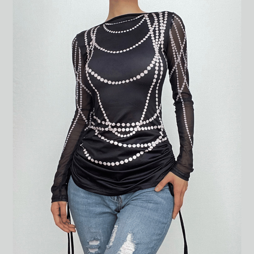 Y2K Beaded Print Backless Top - Cute Contrast Long Sleeve for Coquette & Grunge Aesthetic