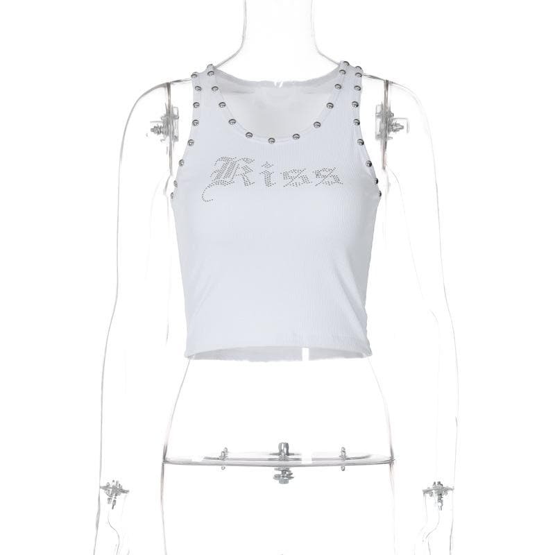 Y2K Beaded Ribbed Tank Top with 'Kiss' Pattern - Cute Coquette Aesthetic Top