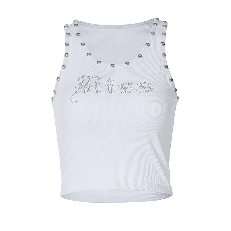 Y2K Beaded Ribbed Tank Top with 'Kiss' Pattern - Cute Coquette Aesthetic Top