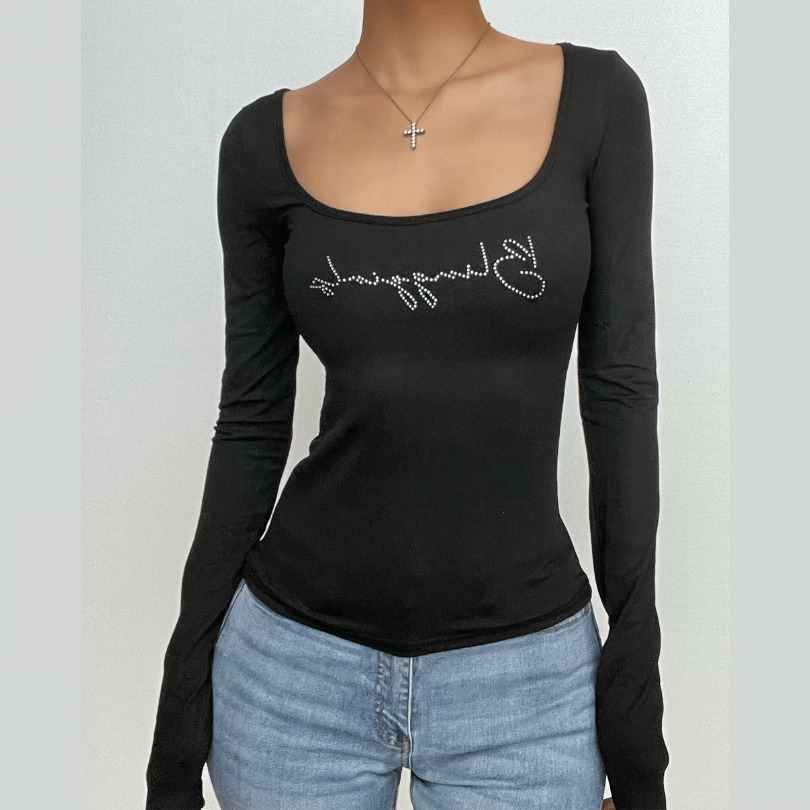 Y2K Beaded Square Neck Long Sleeve Top - Cute Aesthetic for Coquette & Grunge Styles