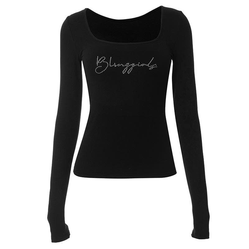 Y2K Beaded Square Neck Long Sleeve Top - Cute Aesthetic for Coquette & Grunge Styles