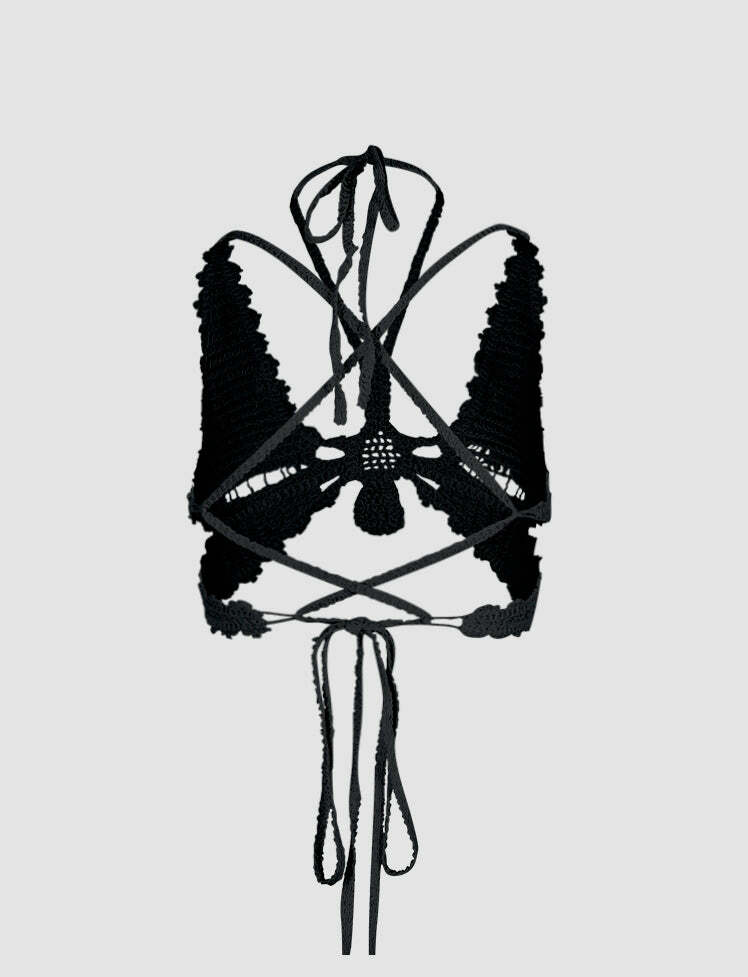 Y2K Black Butterfly Knit Halter Corset Top - Grunge Aesthetic Cute Crop for Coquette Style