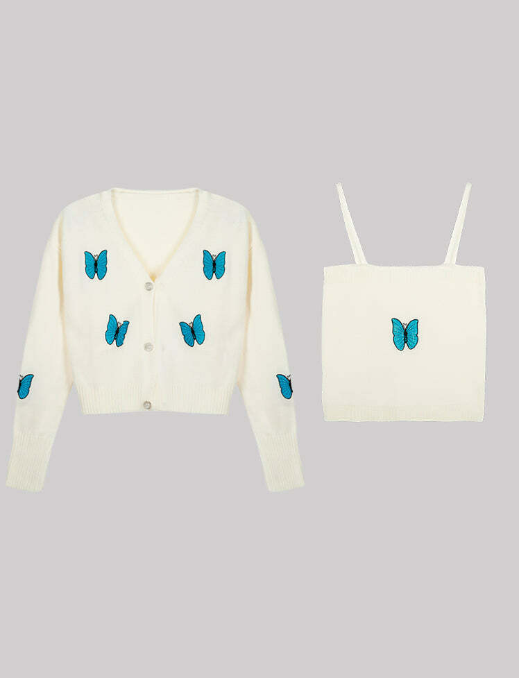 Y2K Black Embroidered Butterfly Cami & Knit Sweater Set - Cute Coquette Aesthetic Top