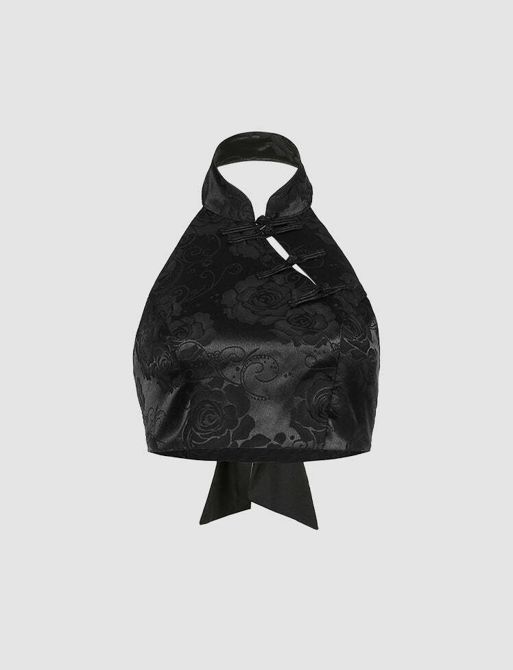 Y2K Black Embroidered Halterneck Top with Buckle - Grunge & Coquette Aesthetic Fashion