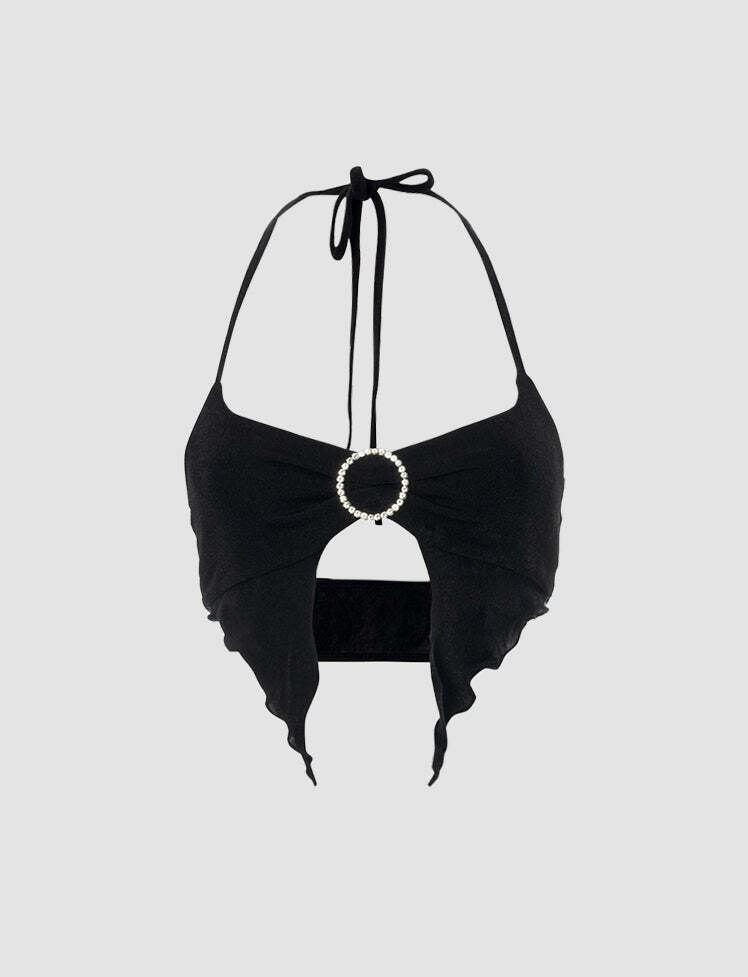 Y2K Black Frill Trim Tie Halter Corset Top - Cute Grunge Aesthetic for Stylish Outfits