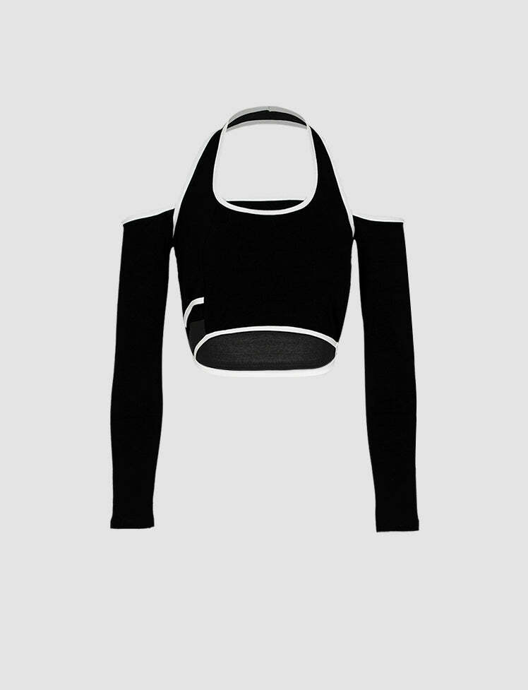 Y2K Black Halter Off-the-Shoulder Tee - Cute Grunge Aesthetic Top for Stylish Outfits