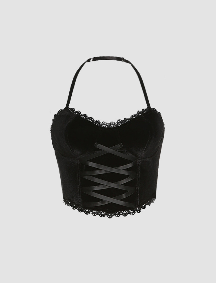 Y2K Black Lace Halter Neck Corset Top - Grunge Aesthetic Cute Crop for Coquette Style