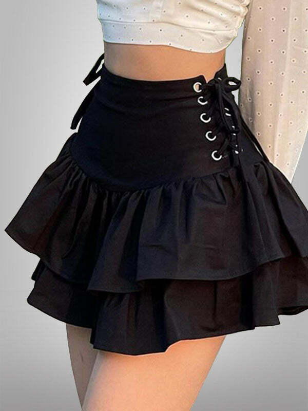 Y2K Black Lace Up Mini Skirt - Grunge Aesthetic, Cute Tops, Coquette Style, Vintage Vibes