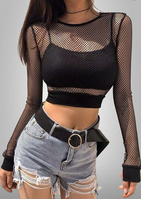 Y2K Black Mesh Crop Top - Grunge Aesthetic, Coquette Style, Cute & Comfy Fashion