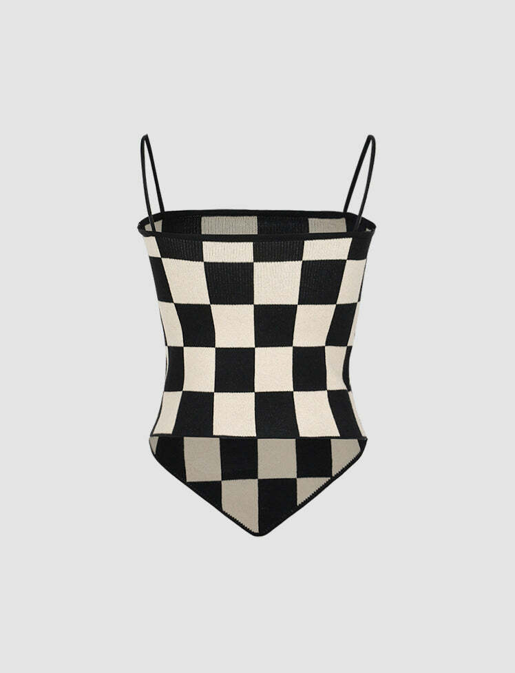 Y2K Checkerboard Cami & Black Crop Blouse Set - Cute Coquette Aesthetic Outfit