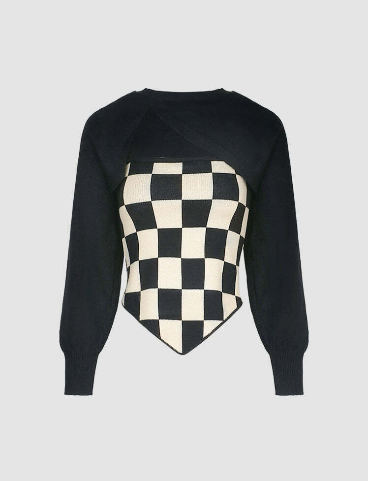 Y2K Checkerboard Cami & Black Crop Blouse Set - Cute Coquette Aesthetic Outfit