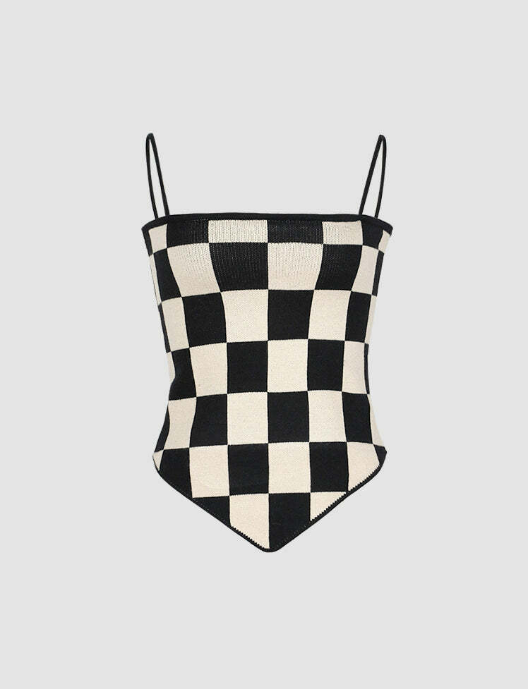 Y2K Checkerboard Cami & Black Crop Blouse Set - Cute Coquette Aesthetic Outfit