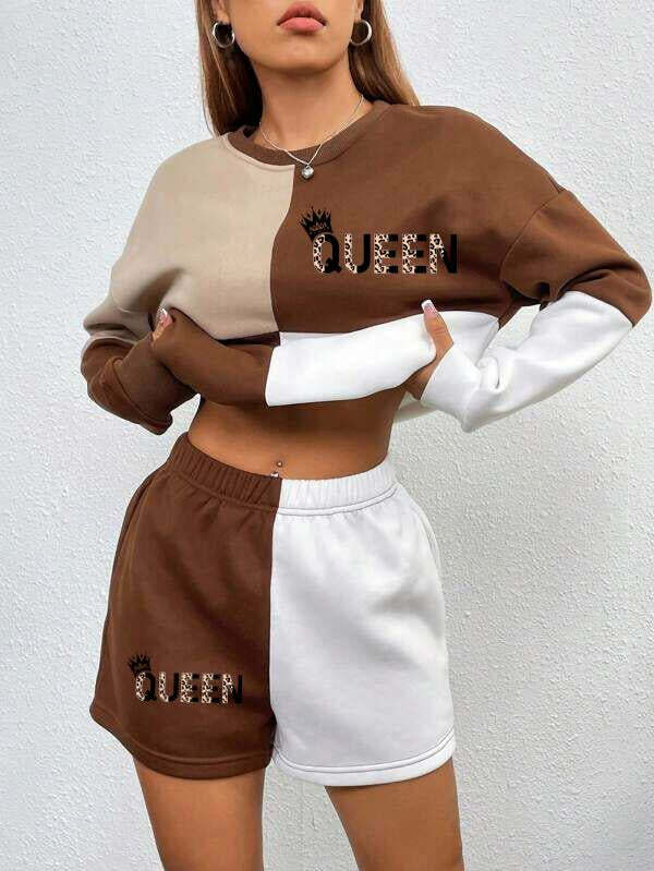 Y2K Color Block Round Neck Sweatshirt & Shorts Set - Comfy Coquette Aesthetic Outfit
