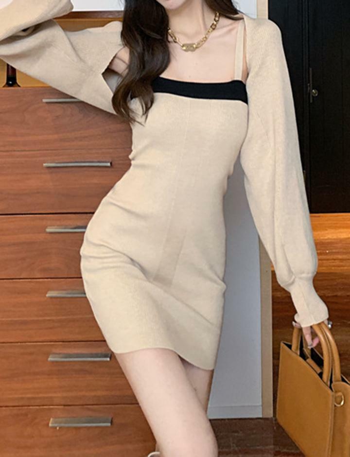 Y2K Contrast Color Cami Dress & Crop Cardigan Set - Cute Coquette Aesthetic Outfit
