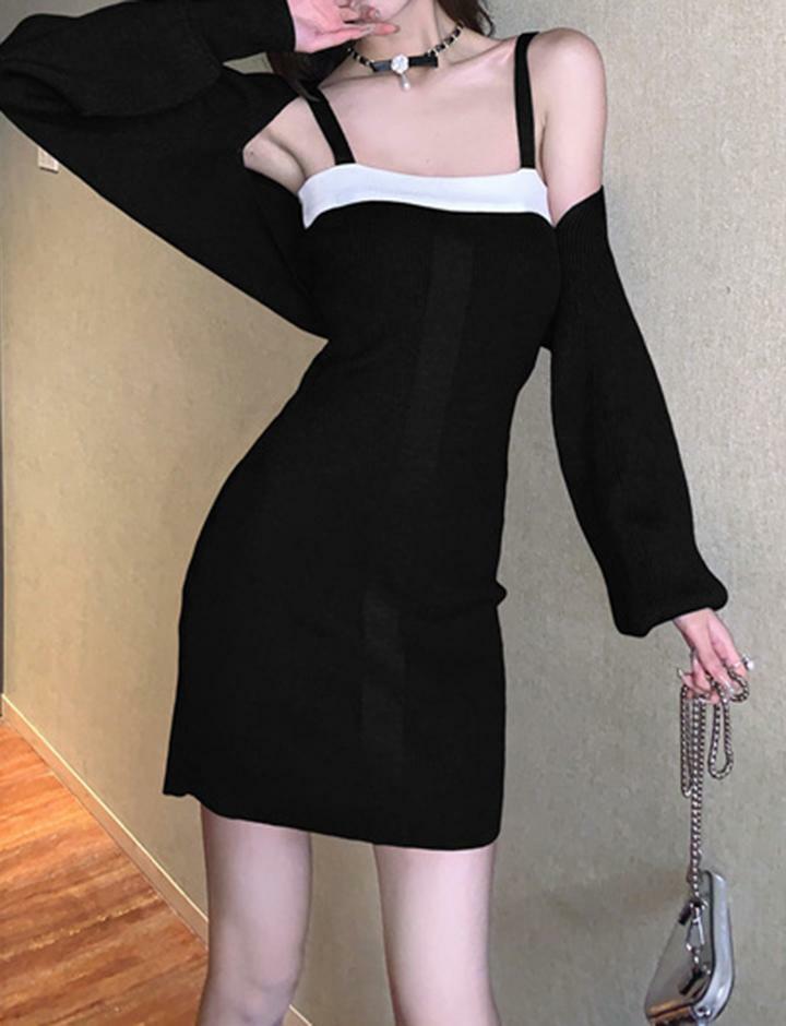 Y2K Contrast Color Cami Dress & Crop Cardigan Set - Cute Coquette Aesthetic Outfit