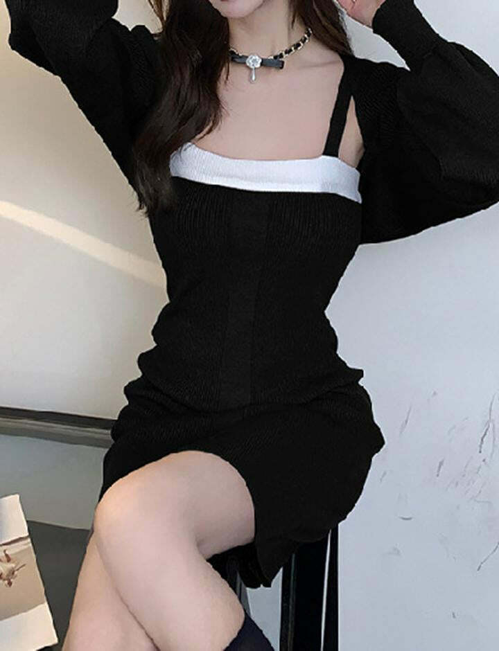 Y2K Contrast Color Cami Dress & Crop Cardigan Set - Cute Coquette Aesthetic Outfit