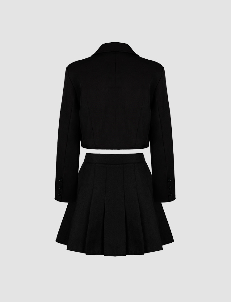 Y2K Coquette Aesthetic Black Crop Blazer, White Blouse & Pleated Skirt Set