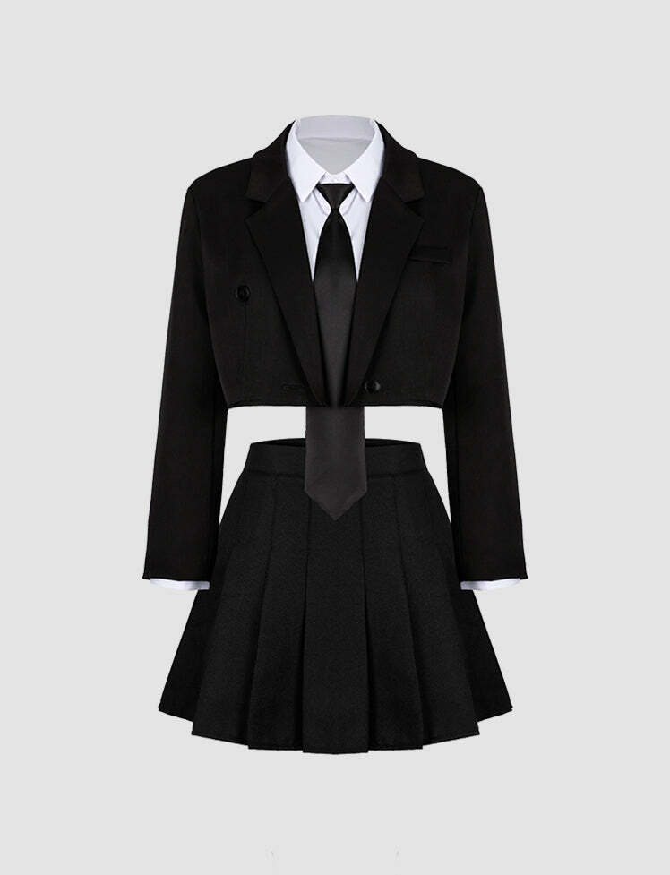 Y2K Coquette Aesthetic Black Crop Blazer, White Blouse & Pleated Skirt Set