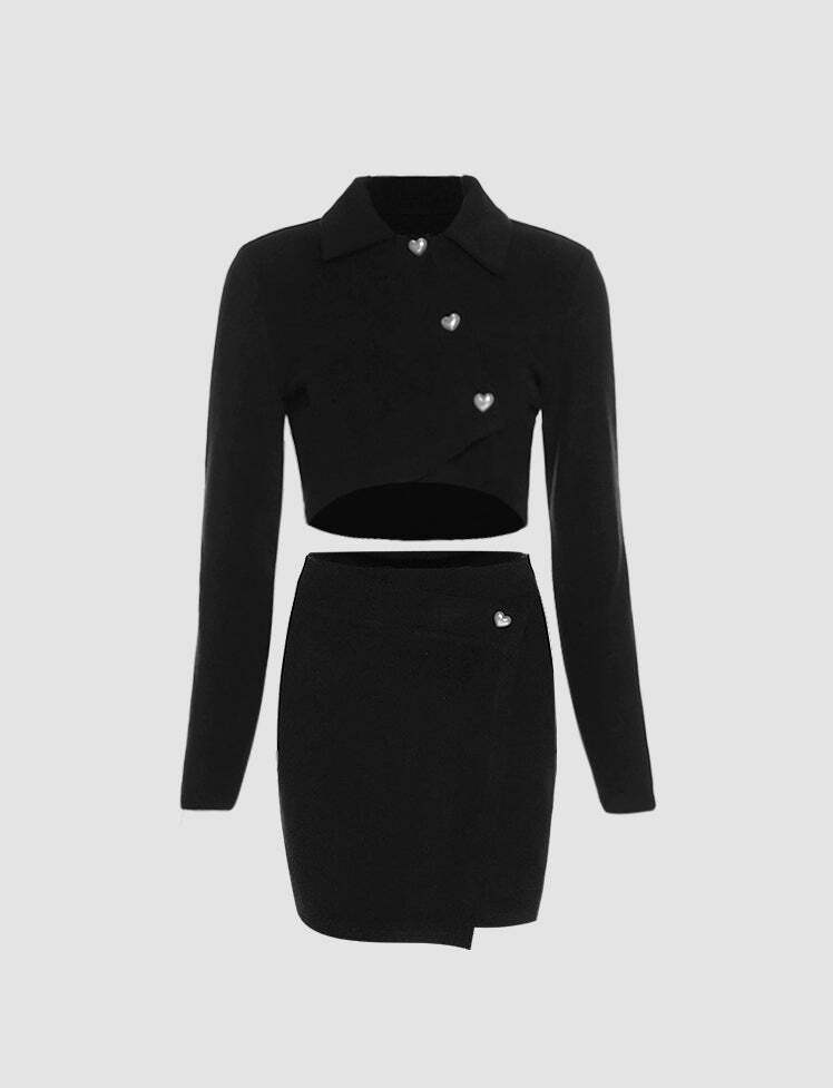 Y2K Coquette Aesthetic Black Irregular Lapel Button-Up Top & Cargo Skirt Set