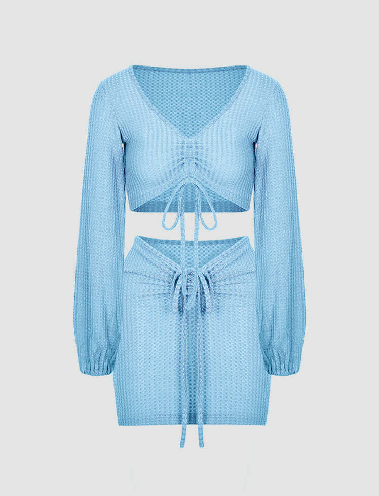 Y2K Coquette Aesthetic Blue Drawstring Knit Crop Top & Cargo Skirt Set for Cute Outfits