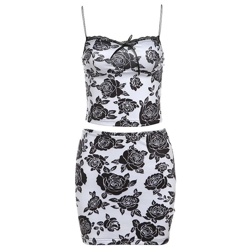 Y2K Coquette Aesthetic Bowknot Rose Print Lace Hem Mini Skirt & Top Set