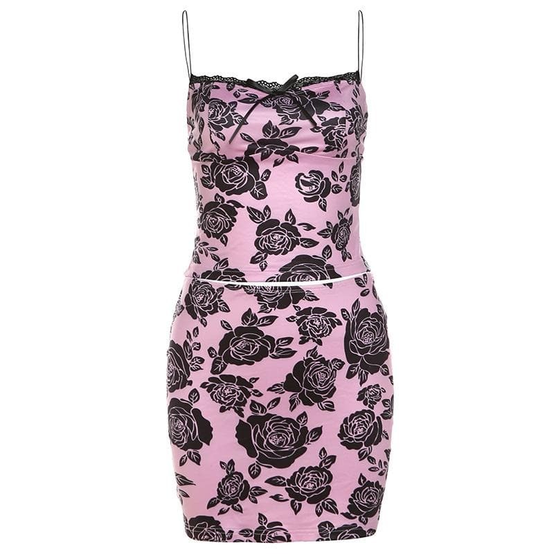 Y2K Coquette Aesthetic Bowknot Rose Print Lace Hem Mini Skirt & Top Set