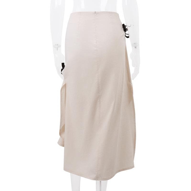Y2K Coquette Aesthetic Bowknot Ruched Zip-Up Slit Midi Skirt - Cute Pastel Goth Style