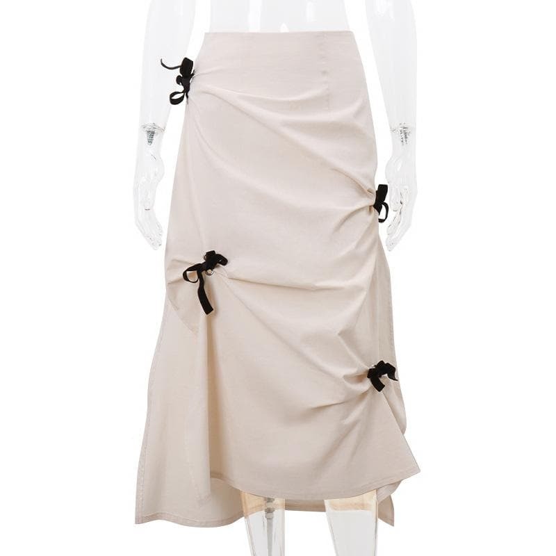 Y2K Coquette Aesthetic Bowknot Ruched Zip-Up Slit Midi Skirt - Cute Pastel Goth Style