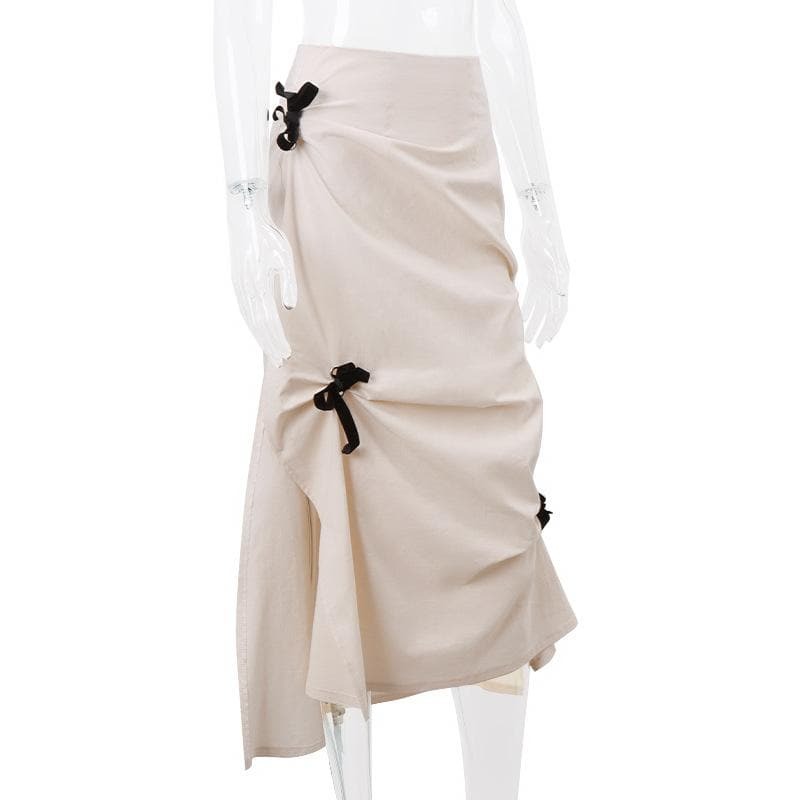 Y2K Coquette Aesthetic Bowknot Ruched Zip-Up Slit Midi Skirt - Cute Pastel Goth Style