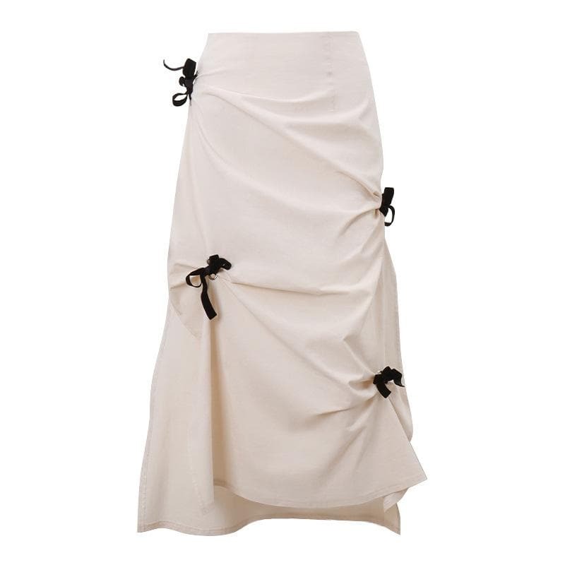Y2K Coquette Aesthetic Bowknot Ruched Zip-Up Slit Midi Skirt - Cute Pastel Goth Style