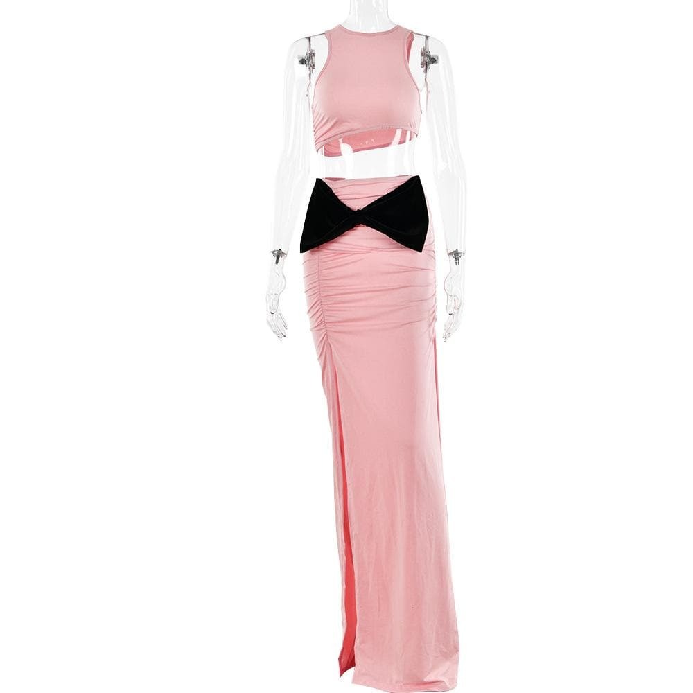 Y2K Coquette Aesthetic Bowknot Slit Ruched Maxi Skirt Set - Cute Pastel Goth Style