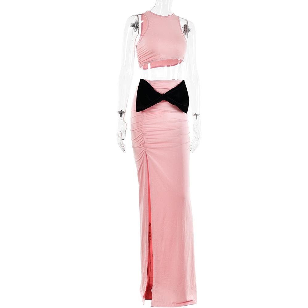 Y2K Coquette Aesthetic Bowknot Slit Ruched Maxi Skirt Set - Cute Pastel Goth Style
